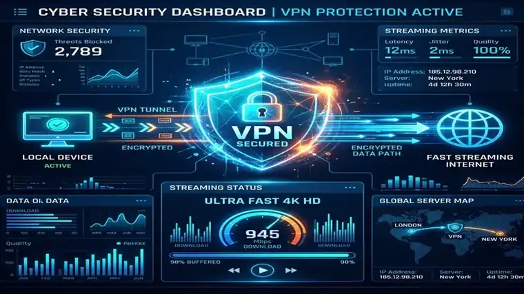 Dashboard showing VPN securing GAA IPTV Ireland connection